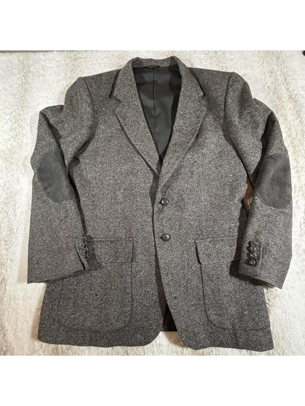 Farah 40L Gray Wool Tweed Blazer Sport Coat Elbow Patches Vintage